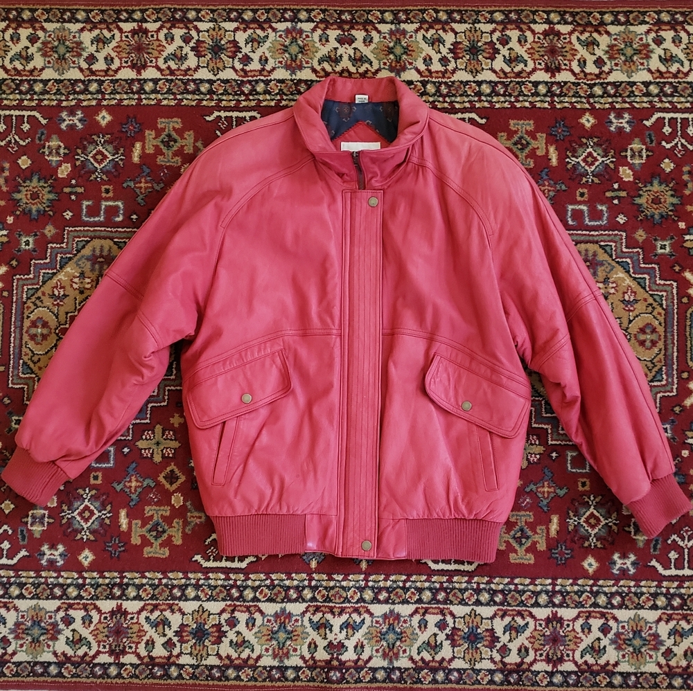 ⚡VINTAGE | Coral Red Salmon Pink Leather Bomber Jacket